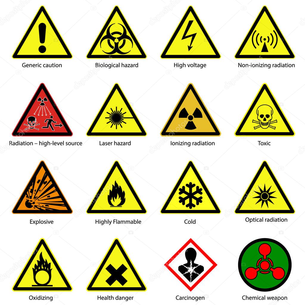 set of Hazard symbols. Warning signs