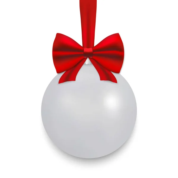 Weiße Weihnachtskugel Mit Schleife Und Schleife Isoliert Auf Weißem Hintergrund — Stockvektor