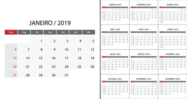 Calendario 2019 Lengua Portuguesa Semana Comienza Domingo Plantilla Para Diseño — Vector de stock