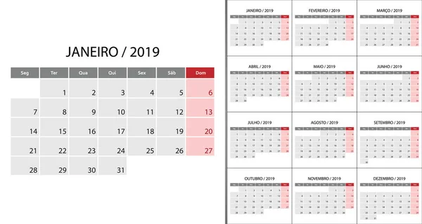 Календарь 2019 Неделя Начинается Понедельник Португальском Языке Шаблон Проектировщика — стоковый вектор