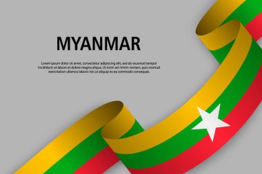 Sallama kurdele ile Myanmar bayrağı, bağımsızlık günü afiş için şablon. vektör çizim