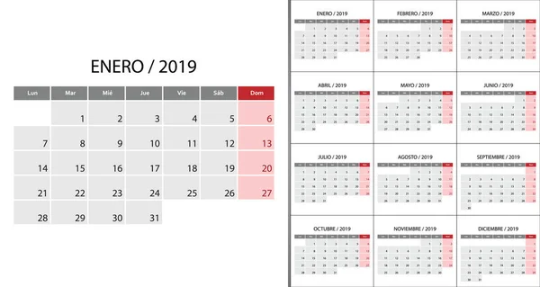 Kalenderwoche 2019 Beginnt Montag Auf Spanisch Vorlage Für Planer Design — Stockvektor