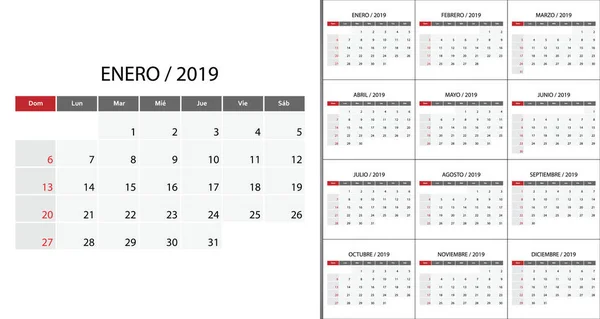 Calendário 2019 Semana Língua Espanhola Começa Domingo Modelo Para Design —  Vetores de Stock