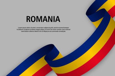 Sallama kurdele ile Romanya bayrağı, bağımsızlık günü afiş için şablon. vektör çizim