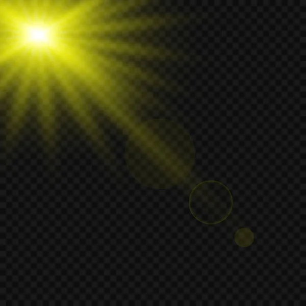 Effetto Luminoso Incandescente Isolato Sfondo Trasparente Sole Flash Con Raggi — Vettoriale Stock