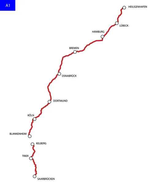Διαδρομή Γερμανικό Αυτοκινητόδρομο Bundesautobahn Οδικός Χάρτης Της Γερμανίας — Διανυσματικό Αρχείο