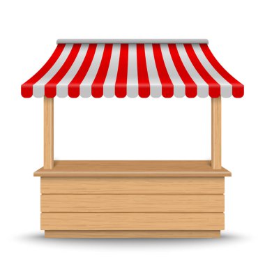 Wooden market stand stall with red and white striped awning isolated on background.