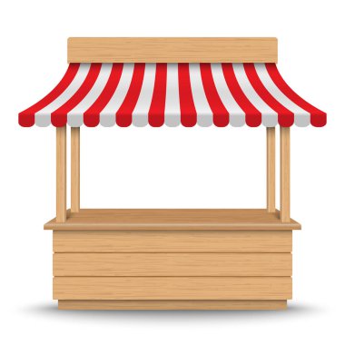 Wooden market stand stall with red and white striped awning isolated on background. clipart