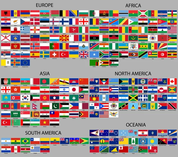 Todas Bandeiras Mundo Ordenar Por Continentes — Vetor de Stock