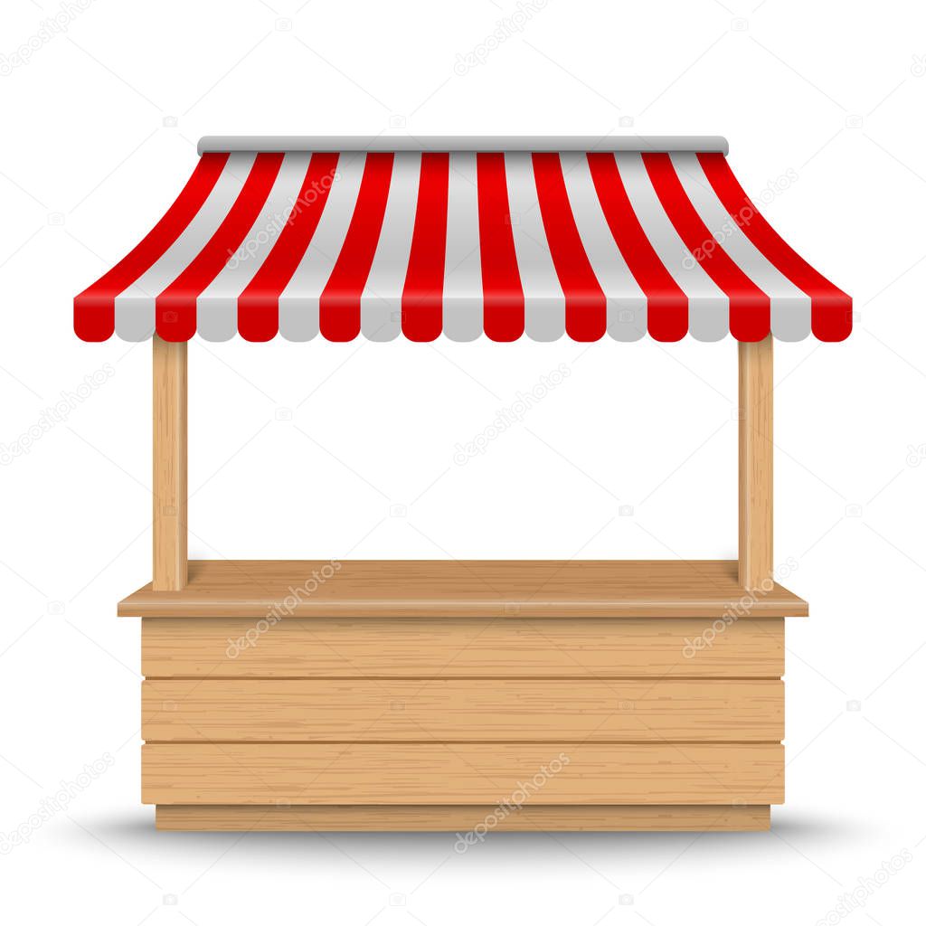 Wooden market stand stall with red and white striped awning isolated on background.