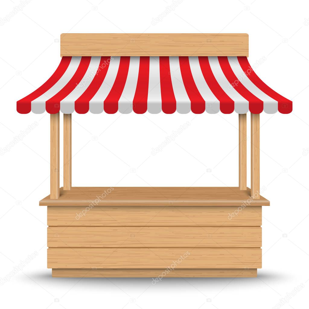 Wooden market stand stall with red and white striped awning isolated on background.