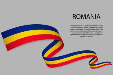 Romanya bayrağıyla kurdele ya da bayrak sallıyor. Bağımsızlık Günü poster tasarımı için şablon