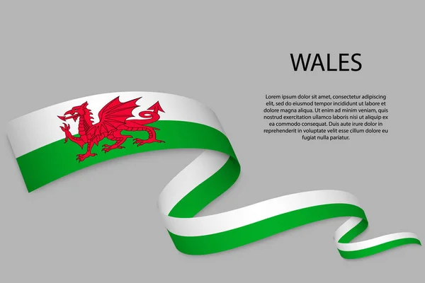Zwaaien Lint Banner Met Vlag Van Wales Sjabloon Voor Onafhankelijkheidsdag — Stockvector