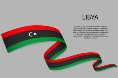 Libya bayrağıyla kurdele ya da bayrak sallıyor. Bağımsızlık Günü poster tasarımı için şablon