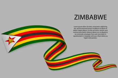 Zimbabwe bayrağıyla kurdele ya da bayrak sallamak. Bağımsızlık Günü poster tasarımı için şablon