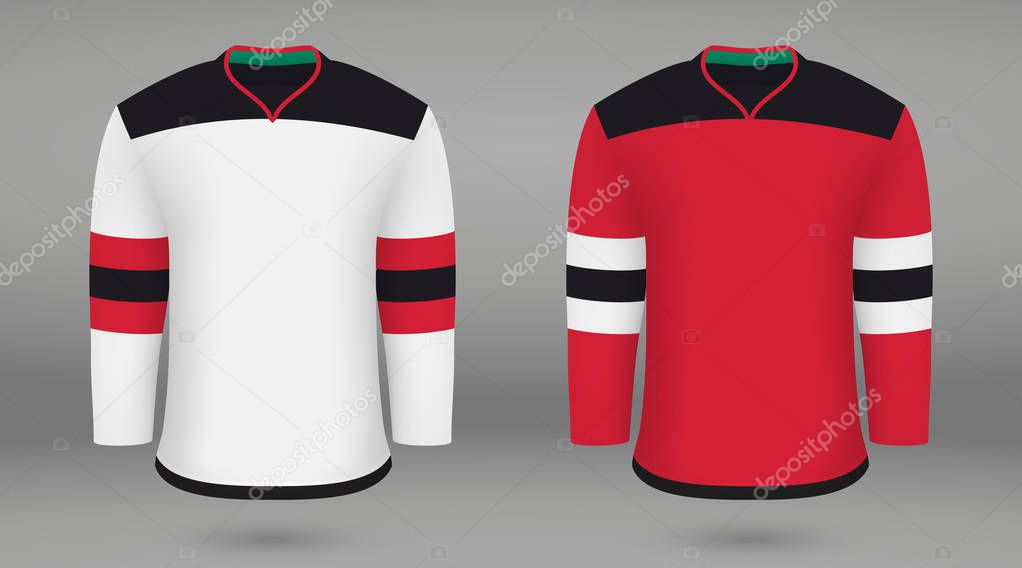 Realistic hockey kit, shirt template for ice hockey jersey. New Jersey Devils