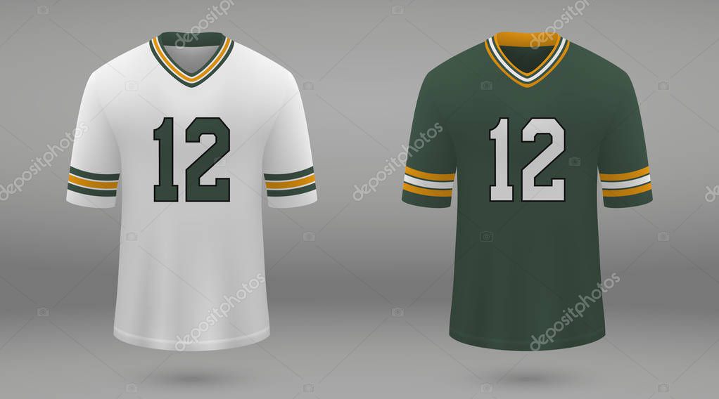 Realistic american football jersey Green Bay Packers, shirt template for kit. Vector illustration
