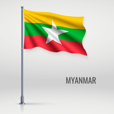 Bayrak direğinde Myanmar bayrağı sallıyor. Bağımsızlık Günü poster tasarımı için şablon
