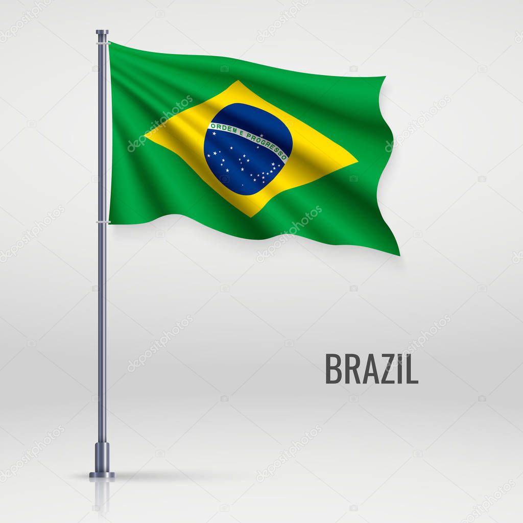 Waving flag of Brazil on flagpole. Template for independence day poster design