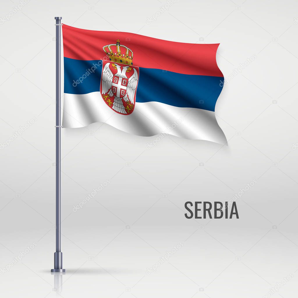 Waving flag of Serbia on flagpole. Template for independence day poster design