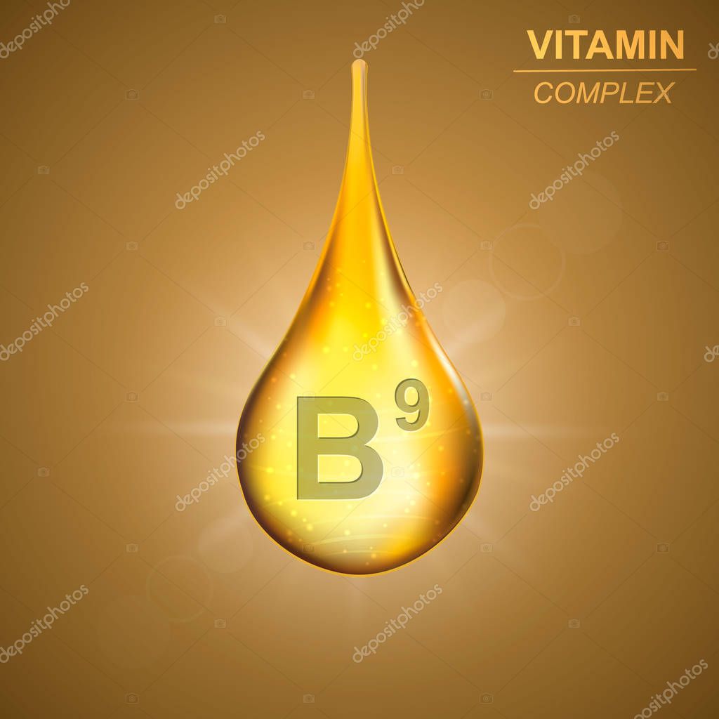 Vitamin B9 gold shining drop icon .Folic acid Vitamin complex background