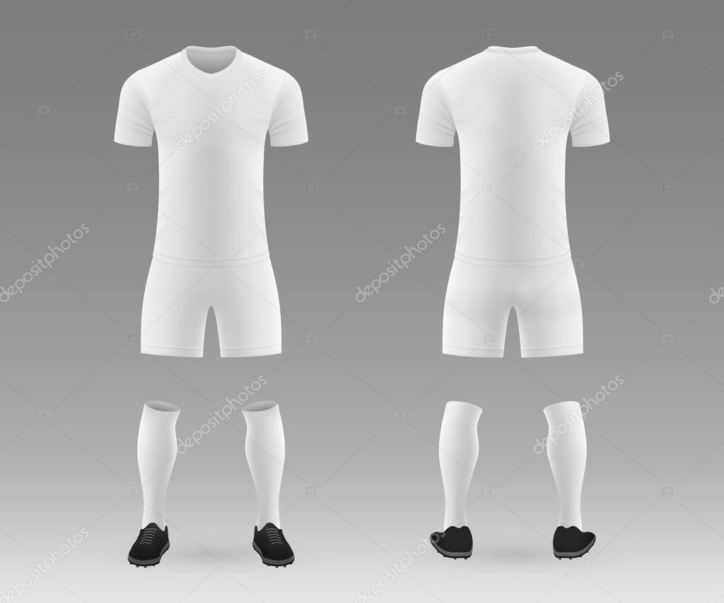 3D realistic template soccer kit with jersey, pants and socks on shop backdrop. Mockup of football team uniform