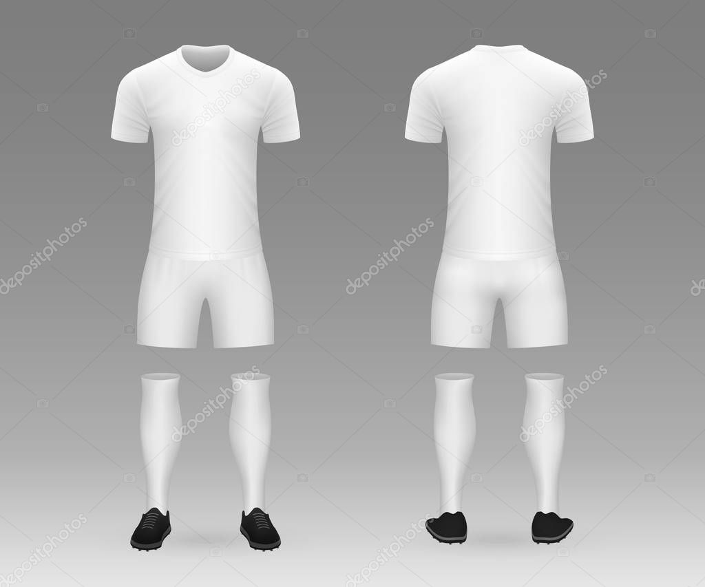 3D realistic template soccer kit with jersey, pants and socks on shop backdrop. Mockup of football team uniform