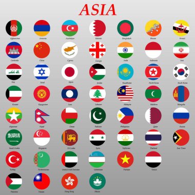 Asya ülkelerinin bayrakları ile düğmeleri