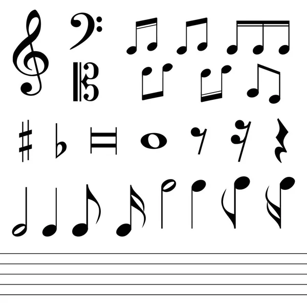 Set di varie note musicali nere — Vettoriale Stock