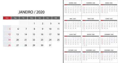 Basit takvim 2020. Vektör illüstrasyonu
