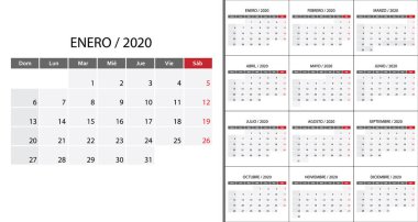 Basit takvim 2020. Vektör illüstrasyonu