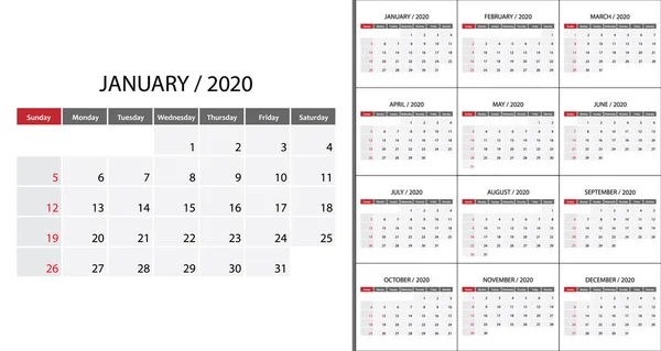 Simple calendar 2020 . Vector illustration — Stock Vector