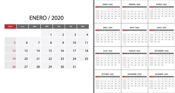 Einfacher Kalender 2020. Vektorillustration — Stockvektor