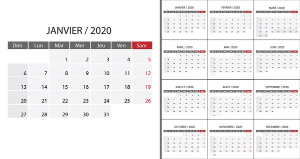 Einfacher Kalender 2020. Vektorillustration — Stockvektor