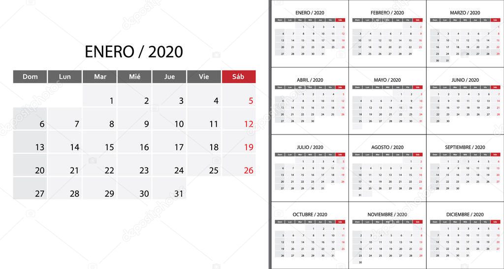 Simple calendar 2020 . Vector illustration