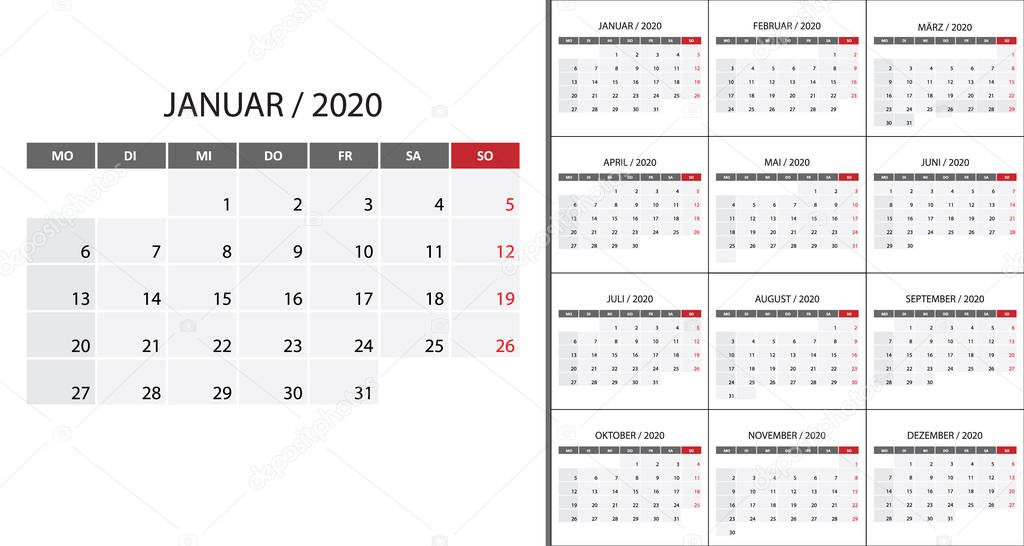 Simple calendar 2020 . Vector illustration