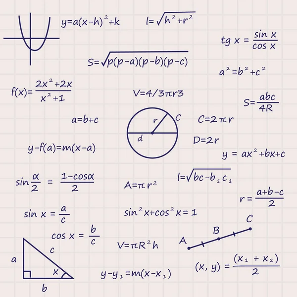 Hoja Cuaderno Con Fórmulas Científicas Fondo Geometría — Vector de stock