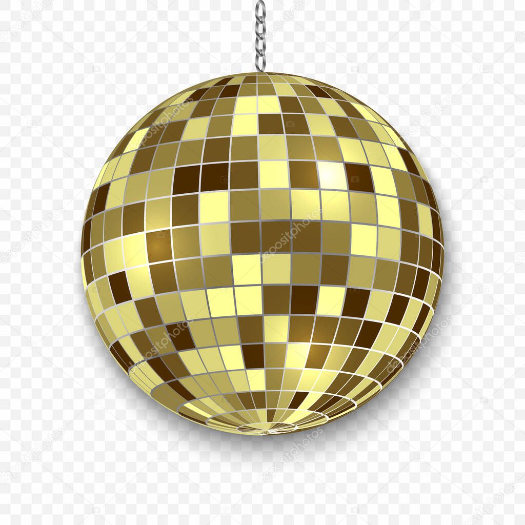 Mirror gold disco ball isolated. Night Club party design element.