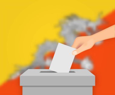 Butan 'ın seçim pankartı geçmişi. Bulanık bayraklı oy sandığı