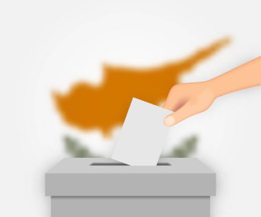 Kıbrıs Rum Kesimi seçim afişi. Bulanık bayraklı oy sandığı