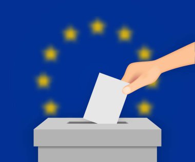 Avrupa Birliği seçim pankartı arka planı. Bulanık bayraklı oy sandığı