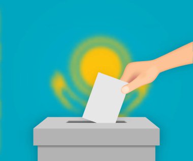 Kazakistan seçim sancağına oy veriyor. Bulanık bayraklı oy sandığı