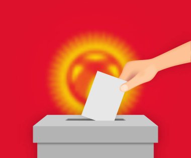 Kırgızistan seçim pankartı arka planı. Bulanık bayraklı oy sandığı. Tarihi bayrak