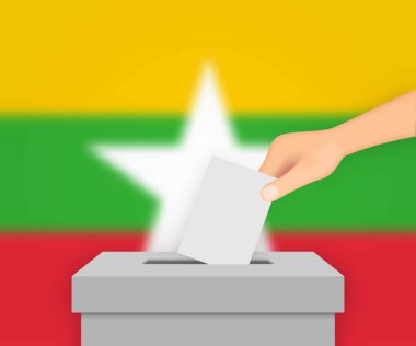 Myanmar 'ın seçim pankartı geçmişi. Bulanık bayraklı oy sandığı