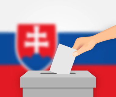 Slovakya seçim pankartı arka planı. Bulanık bayraklı oy sandığı