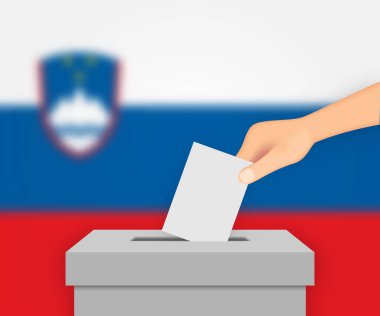 Slovenya seçim pankartı arka planı. Bulanık bayraklı oy sandığı