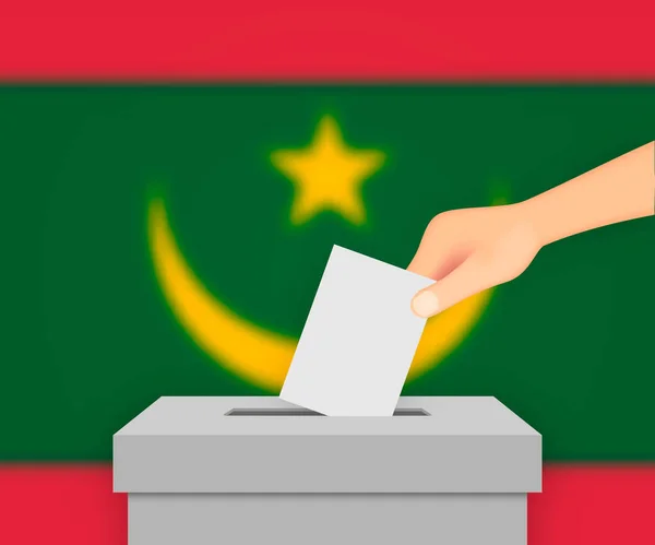 Мавритания Голосует Предвыборный Баннер Ящик Голосования Размытым Флагом — стоковый вектор