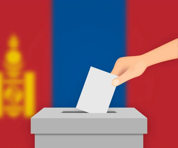 Mongolia Vota Fondo Banner Electoral Caja Votación Con Bandera Borrosa — Vector de stock