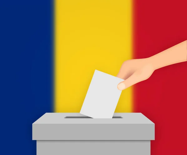 Rumania Vota Fondo Banner Electoral Caja Votación Con Bandera Borrosa — Vector de stock