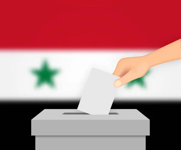 Сирия Голосует Предвыборный Баннер Ящик Голосования Размытым Флагом — стоковый вектор
